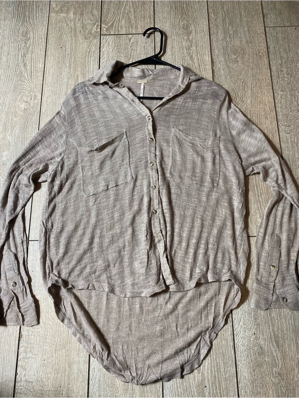 Free People Beach Gauze Button Down Shirt Distressed Hi-Low Tan Sz XS